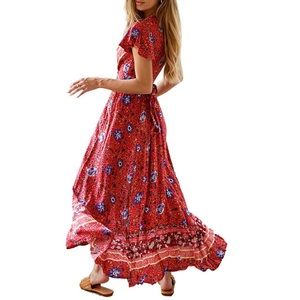Boho Gypsy Pink Floral Midi Wrap Dress